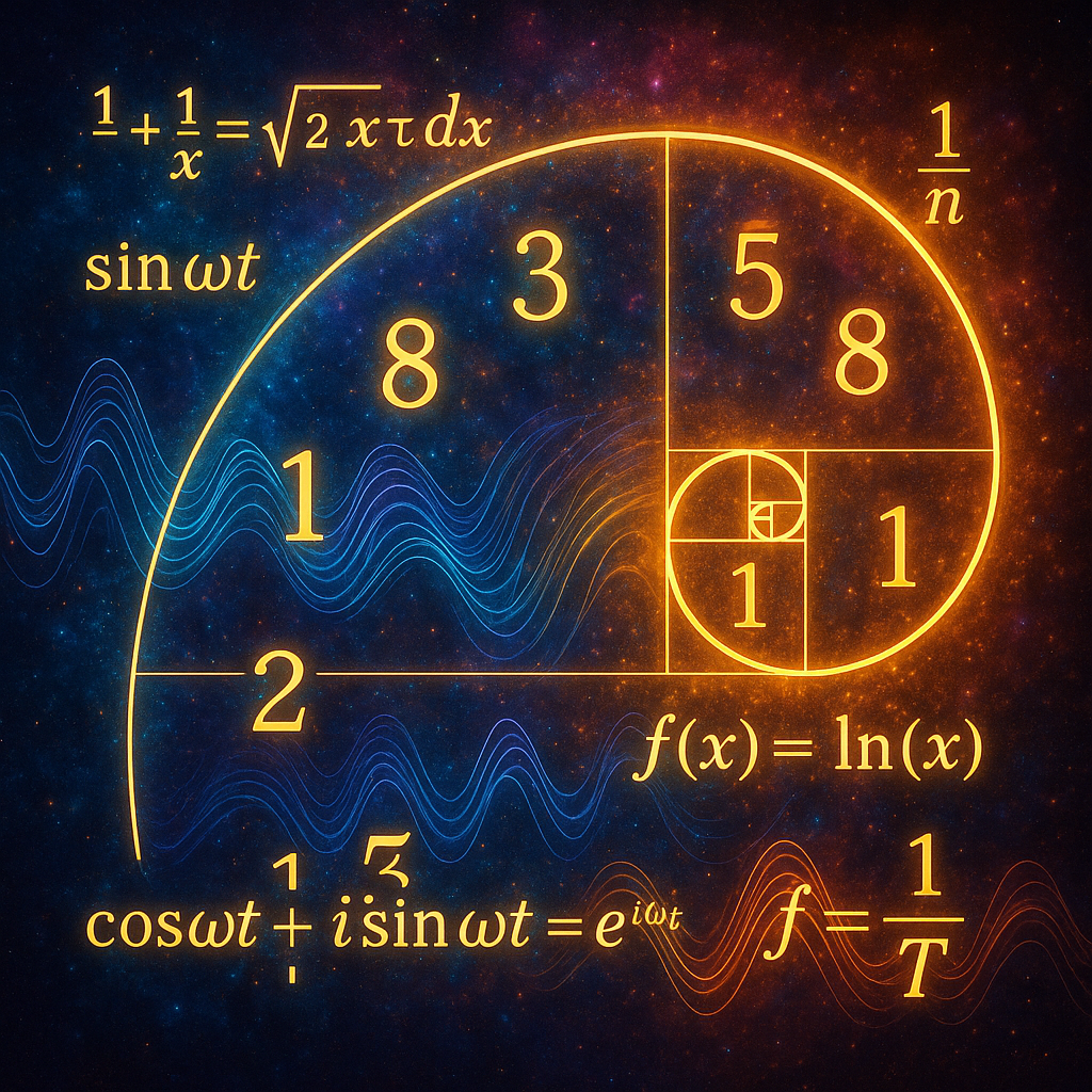 Harmonic Mathematics Golden Spiral visualization showing the universal harmony equation as a spiral through 66 wavelength bands
